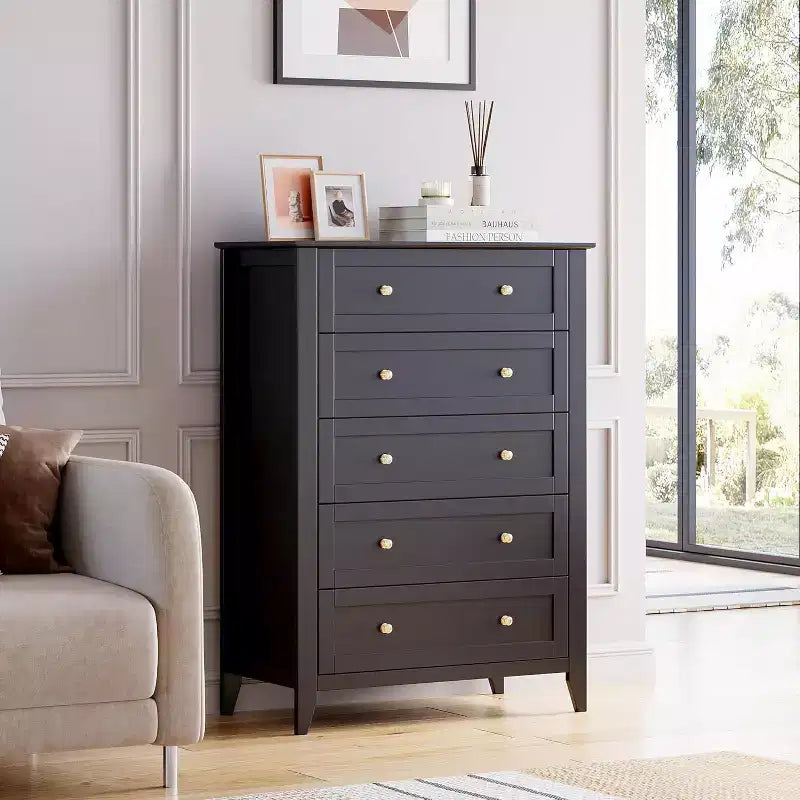 Commode haute noire moderne à 5 tiroirs en bois pour chambre, salon, couloir, entrée et placard