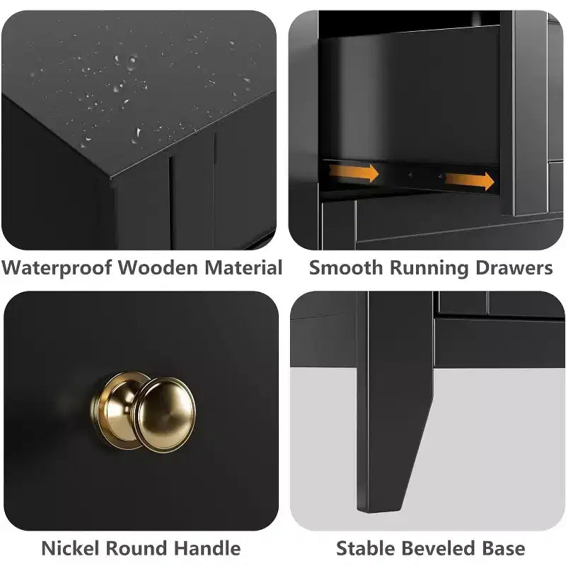 Commode haute noire moderne à 5 tiroirs en bois pour chambre, salon, couloir, entrée et placard