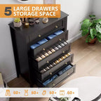 Commode haute noire moderne à 5 tiroirs en bois pour chambre, salon, couloir, entrée et placard