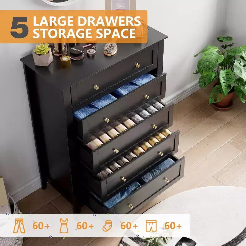 Commode haute noire moderne à 5 tiroirs en bois pour chambre, salon, couloir, entrée et placard