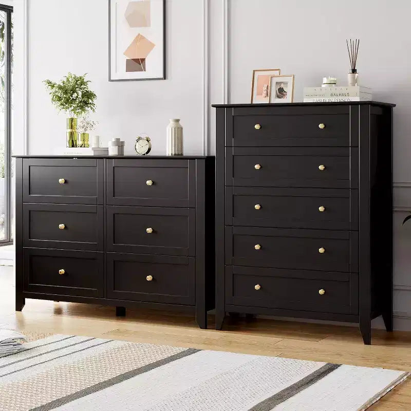 Commode haute noire moderne à 5 tiroirs en bois pour chambre, salon, couloir, entrée et placard