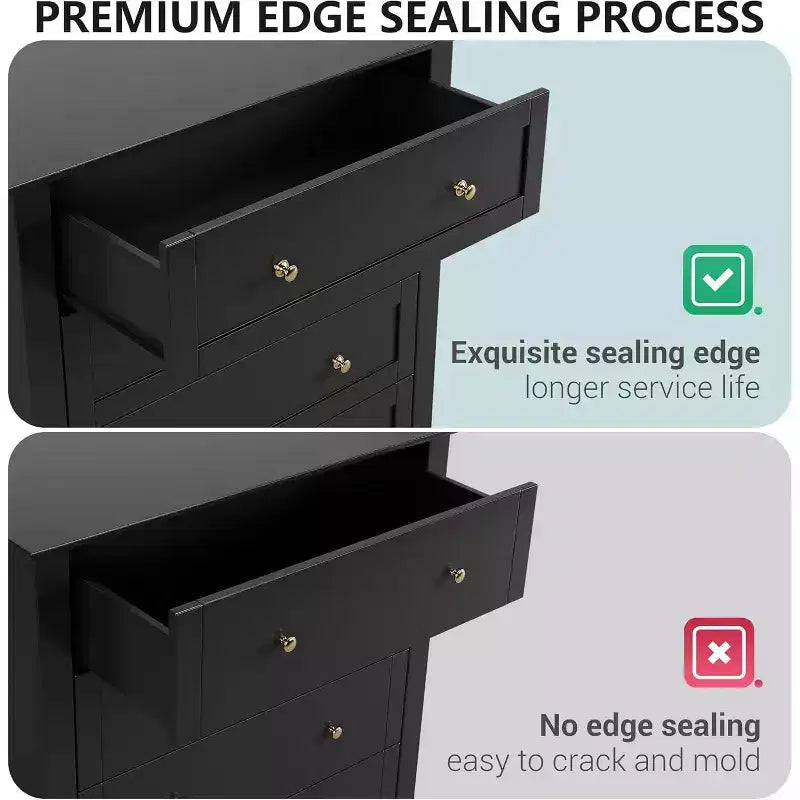 Commode haute noire moderne à 5 tiroirs en bois pour chambre, salon, couloir, entrée et placard