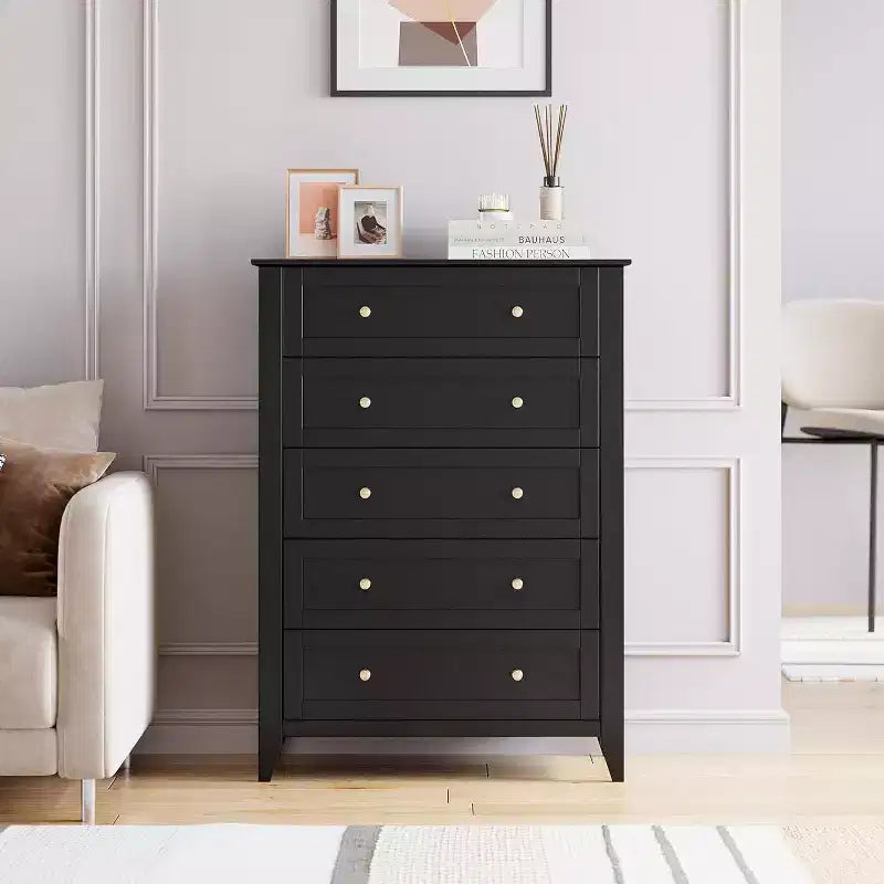 Commode haute noire moderne à 5 tiroirs en bois pour chambre, salon, couloir, entrée et placard