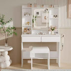 Vanity Desk with Mirror and 3 Lights Modes, Makeup Table Set with Hidden Storage Shelves, USB Outlets, Dressing Table with Hairdryer Holder