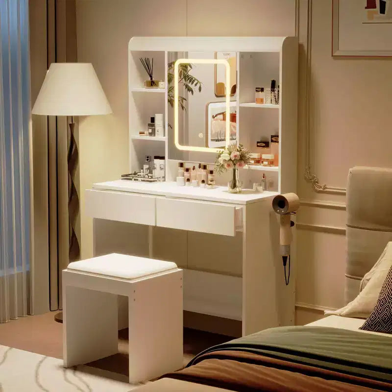 Coiffeuse avec miroir et 3 modes d'éclairage, ensemble de table de maquillage avec étagères de rangement cachées, prises USB, coiffeuse avec support pour sèche-cheveux