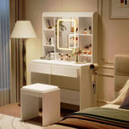 Coiffeuse avec miroir et 3 modes d'éclairage, ensemble de table de maquillage avec étagères de rangement cachées, prises USB, coiffeuse avec support pour sèche-cheveux