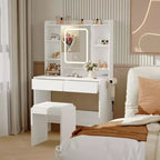 Coiffeuse avec miroir et 3 modes d'éclairage, ensemble de table de maquillage avec étagères de rangement cachées, prises USB, coiffeuse avec support pour sèche-cheveux