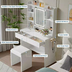 Coiffeuse avec miroir et 3 modes d'éclairage, ensemble de table de maquillage avec étagères de rangement cachées, prises USB, coiffeuse avec support pour sèche-cheveux