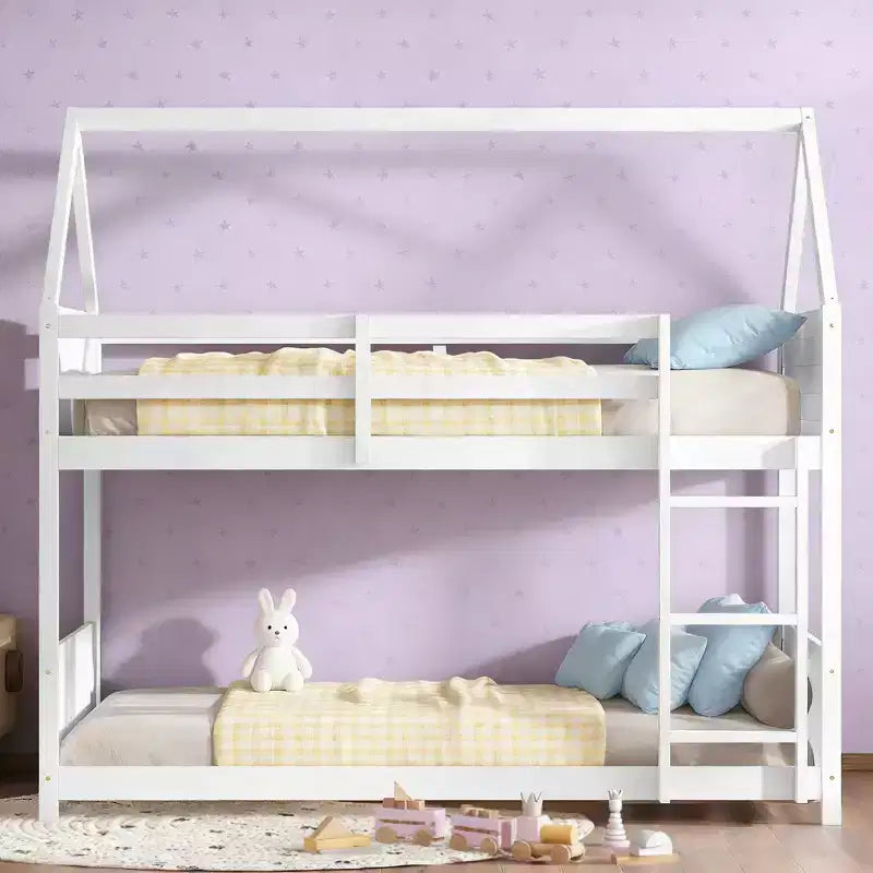 Lit superposé cabane Luxystar double sur double avec tête de lit, pied de lit et garde-corps