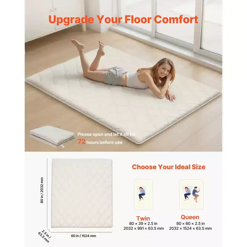 Tapis Tatami Japonais VEVOR, Matelas Tatami Japonais Pliable Grand Lit, Matelas Futon avec Sac de Rangement, Tapis de Sol 9 Couches, 203 x 152 x 6,3 cm, Blanc