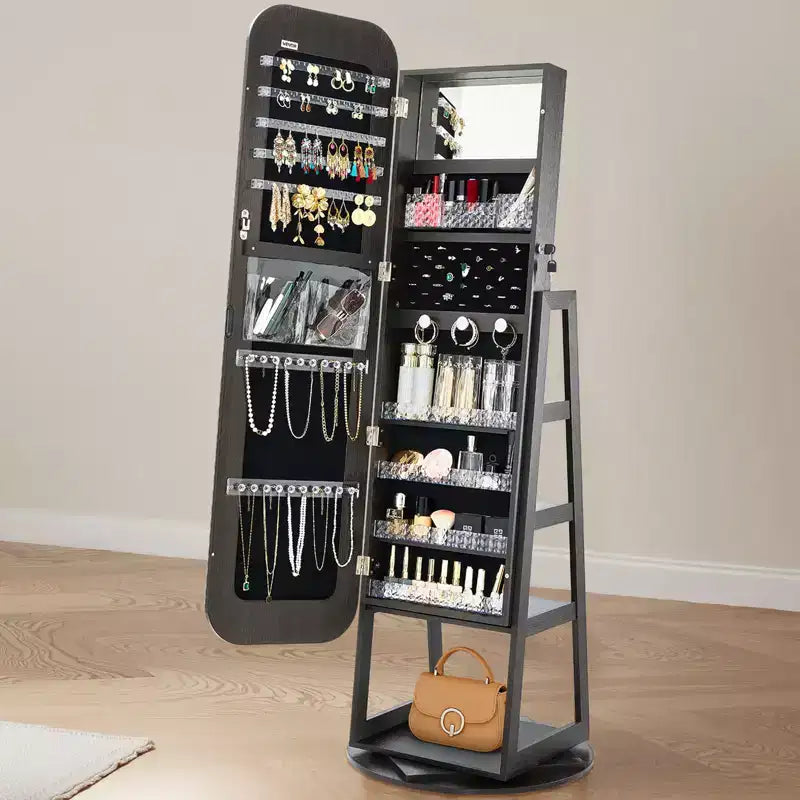 Meuble à Bijoux Rotatif VEVOR 360°, Hauteur 160 cm, Miroir Pleine Longueur avec Rangement, Armoire à Bijoux Rotative Autoportante, avec 2 Clés, Noir