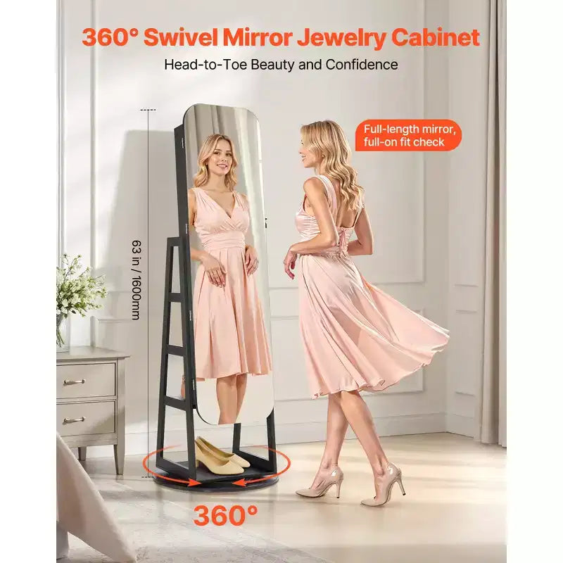 Meuble à Bijoux Rotatif VEVOR 360°, Hauteur 160 cm, Miroir Pleine Longueur avec Rangement, Armoire à Bijoux Rotative Autoportante, avec 2 Clés, Noir