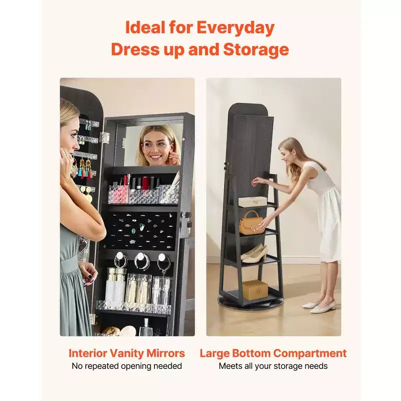 Meuble à Bijoux Rotatif VEVOR 360°, Hauteur 160 cm, Miroir Pleine Longueur avec Rangement, Armoire à Bijoux Rotative Autoportante, avec 2 Clés, Noir