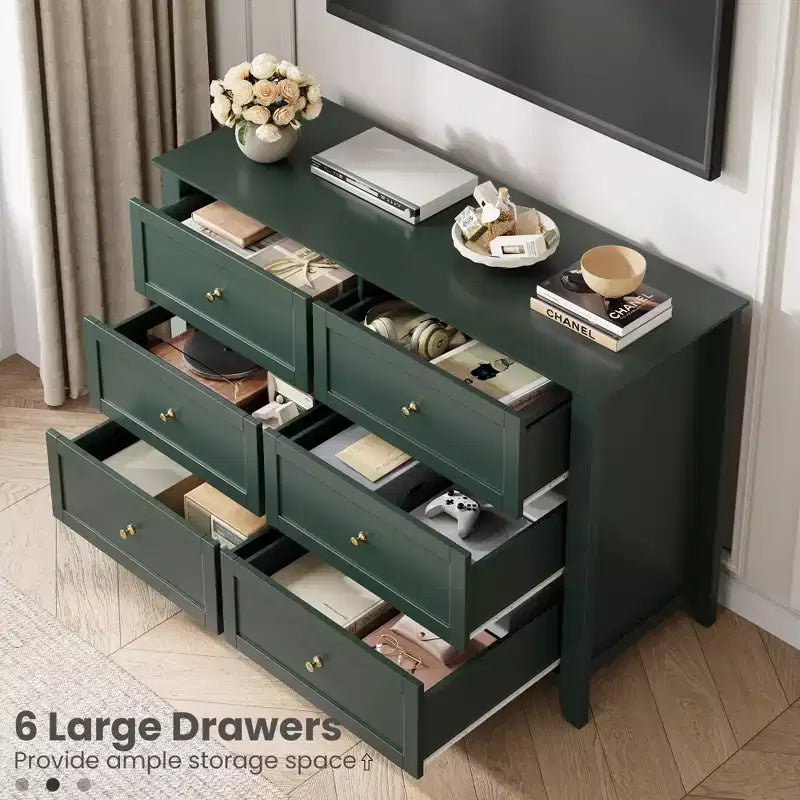 COZONY Commode à 6 tiroirs pour chambre à coucher, commode moderne en bois avec tiroirs de rangement profonds et poignées métalliques, pour entrée ou couloir