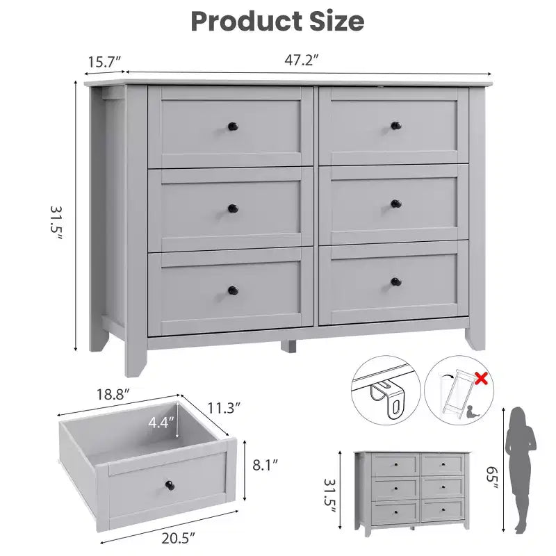 COZONY Commode à 6 tiroirs pour chambre à coucher, commode moderne en bois avec tiroirs de rangement profonds et poignées métalliques, pour entrée ou couloir