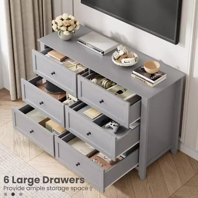 COZONY Commode à 6 tiroirs pour chambre à coucher, commode moderne en bois avec tiroirs de rangement profonds et poignées métalliques, pour entrée ou couloir