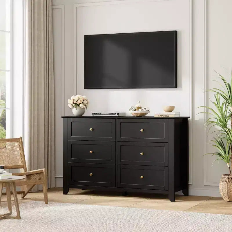COZONY Commode à 6 tiroirs pour chambre à coucher, commode moderne en bois avec tiroirs de rangement profonds et poignées métalliques, pour entrée ou couloir