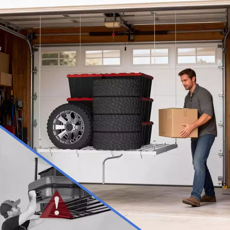 Support de rangement de garage suspendu 120x120 cm, capacité de 158 kg, levage manuel par manivelle, acier au carbone réglable Choisir la couleur (blanc, noir)