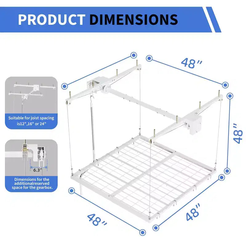 Support de rangement de garage suspendu 120x120 cm, capacité de 158 kg, levage manuel par manivelle, acier au carbone réglable Choisir la couleur (blanc, noir)