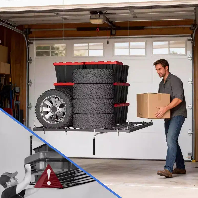 Support de rangement de garage suspendu 120x120 cm, capacité de 158 kg, levage manuel par manivelle, acier au carbone réglable Choisir la couleur (blanc, noir)