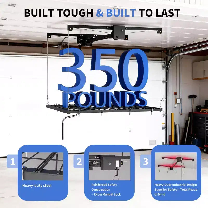 Support de rangement de garage suspendu 120x120 cm, capacité de 158 kg, levage manuel par manivelle, acier au carbone réglable Choisir la couleur (blanc, noir)