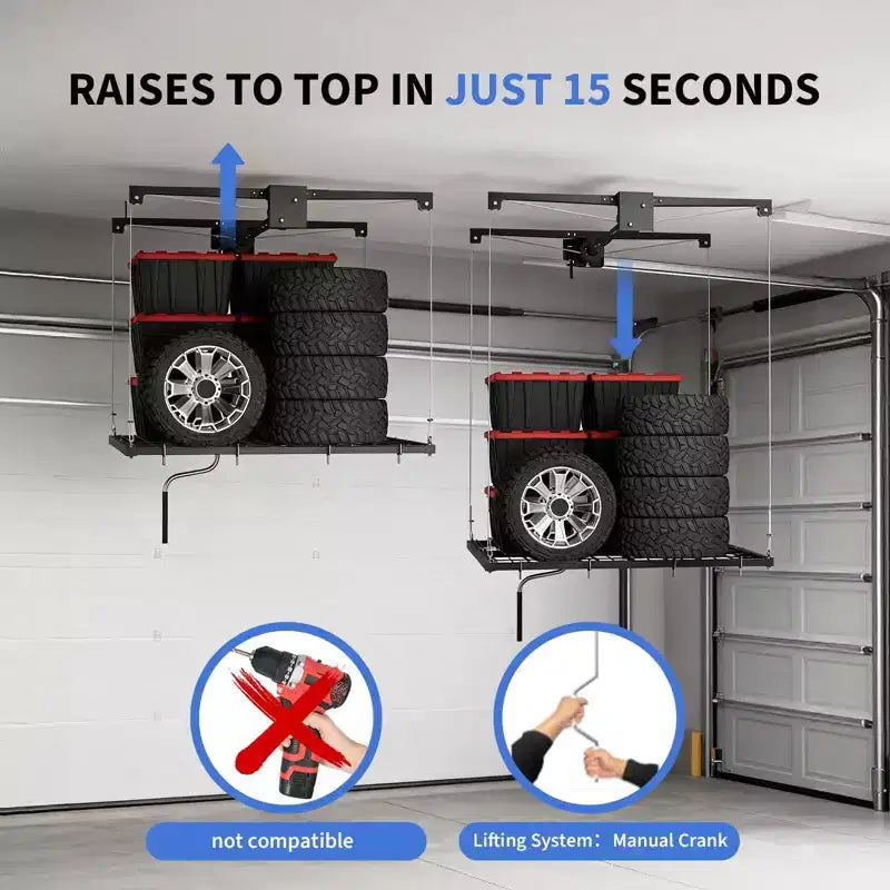 Support de rangement de garage suspendu 120x120 cm, capacité de 158 kg, levage manuel par manivelle, acier au carbone réglable Choisir la couleur (blanc, noir)