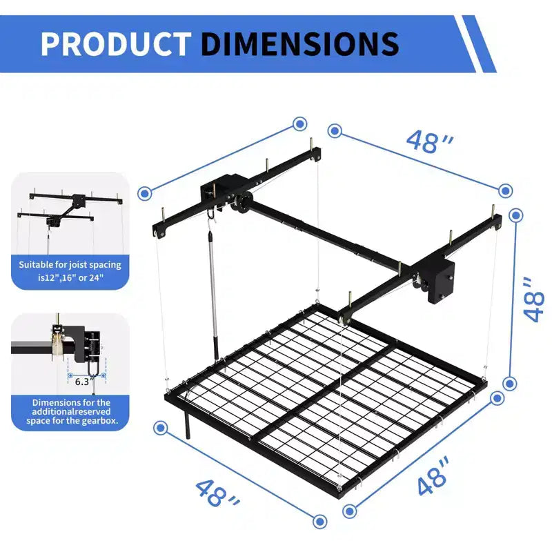 Support de rangement de garage suspendu 120x120 cm, capacité de 158 kg, levage manuel par manivelle, acier au carbone réglable Choisir la couleur (blanc, noir)