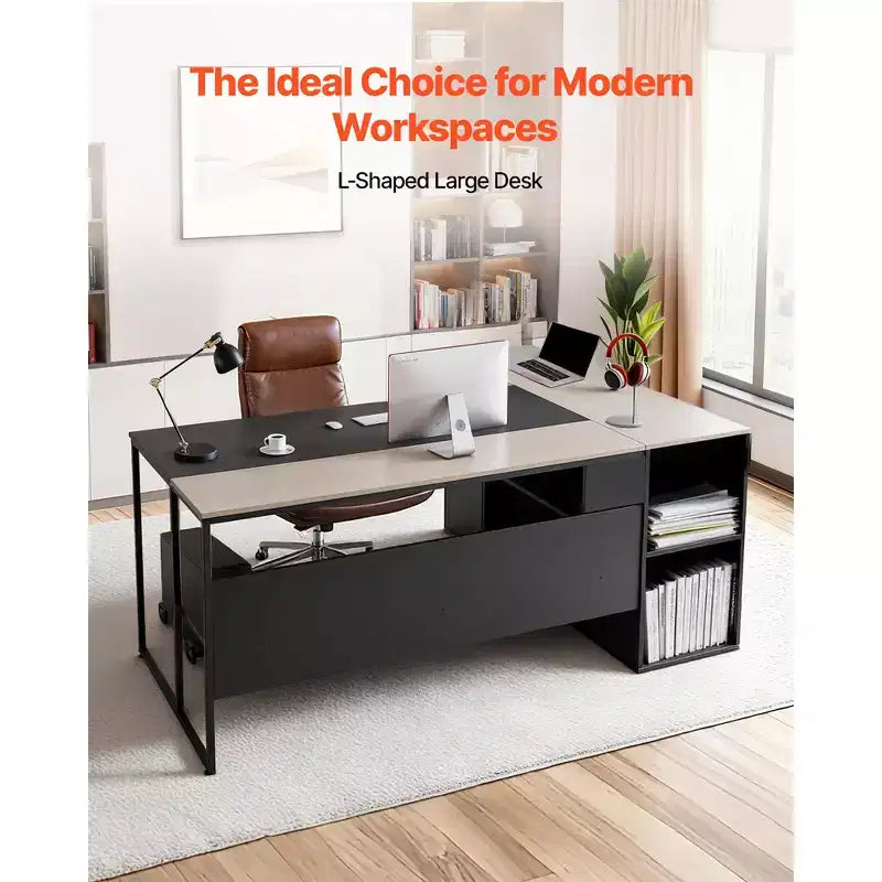 VEVOR Bureau de Direction en L, Grande Table de Bureau Moderne avec Tiroirs, Armoire de Rangement et Support d'UC, Capacité de Charge de 159 kg, Noir et Marron