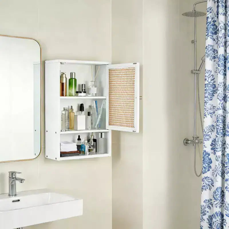 Meuble haut de salle de bain, armoire à pharmacie en bambou avec portes en rotin, étagère réglable, meuble de rangement mural pour salle de bain, cuisine, buanderie