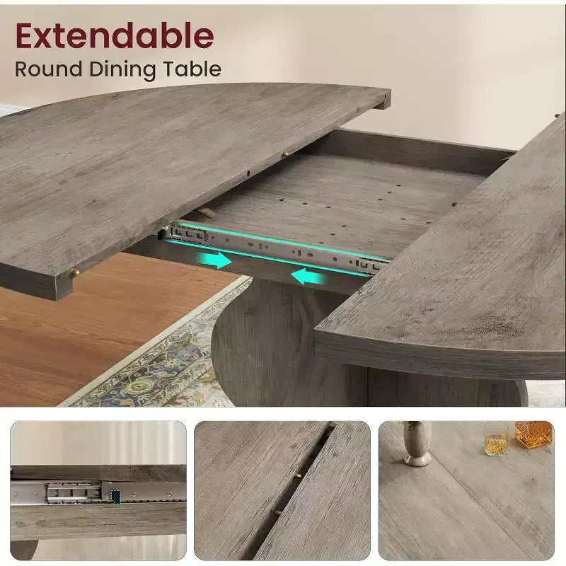 Table à manger ronde extensible de 63 pouces pour 4 à 8 personnes, table de cuisine ovale de style rustique avec cadre métallique robuste et pieds plus larges pour appartements