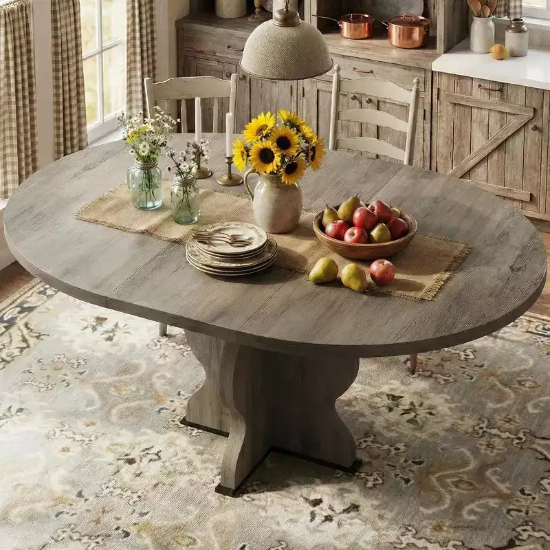 Table à manger ronde extensible de 63 pouces pour 4 à 8 personnes, table de cuisine ovale de style rustique avec cadre métallique robuste et pieds plus larges pour appartements
