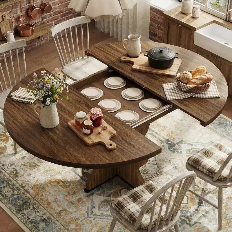 Table à manger ronde extensible de 63 pouces pour 4 à 8 personnes, table de cuisine ovale de style rustique avec cadre métallique robuste et pieds plus larges pour appartements