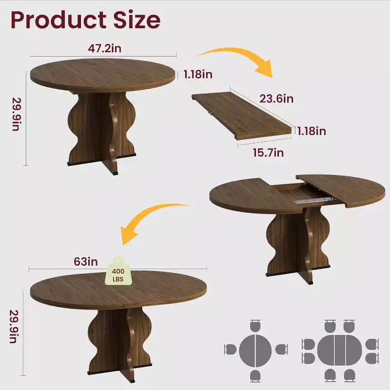 Table à manger ronde extensible de 63 pouces pour 4 à 8 personnes, table de cuisine ovale de style rustique avec cadre métallique robuste et pieds plus larges pour appartements