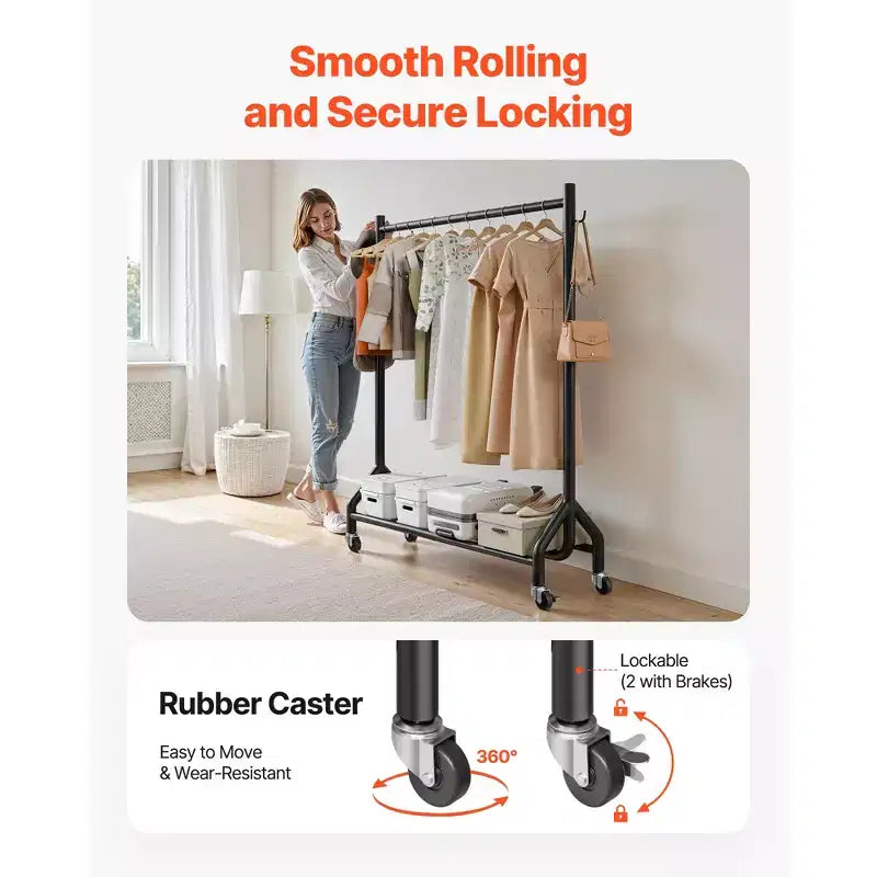 VEVOR Porte-vêtements roulant avec tringle et crochets latéraux, capacité de charge 90 kg, noir