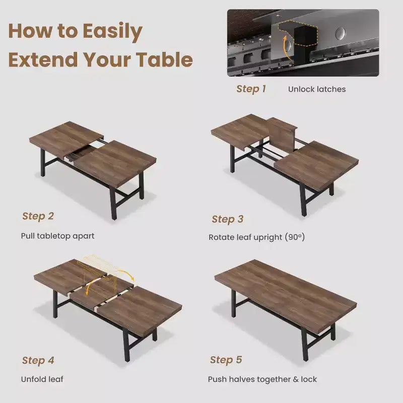 Table à manger extensible de 63 à 83 pouces, table rectangulaire industrielle pour 6 à 8 personnes, table de cuisine extensible marron rustique avec cadre en métal robuste