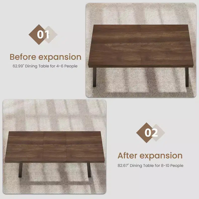 Table à manger extensible de 63 à 83 pouces, table rectangulaire industrielle pour 6 à 8 personnes, table de cuisine extensible marron rustique avec cadre en métal robuste