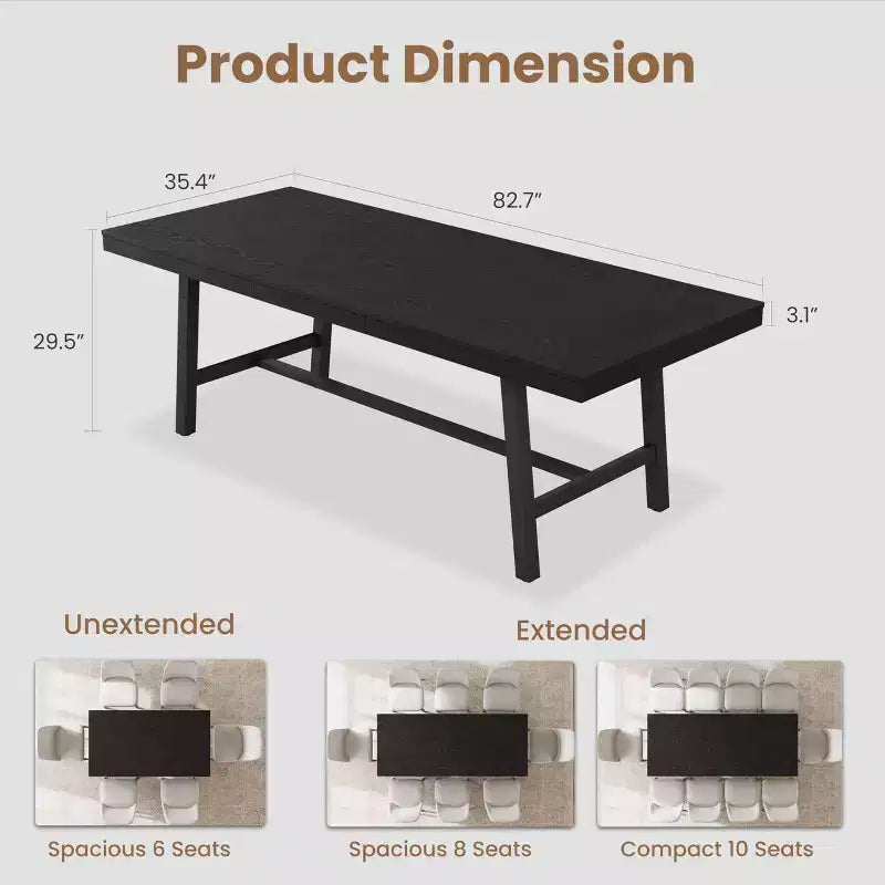 Table à manger extensible de 63 à 83 pouces, table rectangulaire industrielle pour 6 à 8 personnes, table de cuisine extensible marron rustique avec cadre en métal robuste