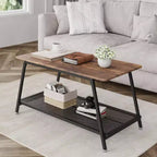Coffee Table Farmhouse Center Table 2-Tier Industrial Living Room with Mesh Shelf Rectangle Wood Cocktail Table Metal Frame, Rustic Brown