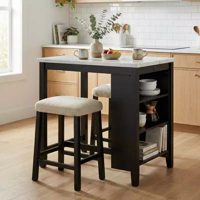 Ensemble de salle à manger GDFStudio Oscar de 3 pièces en bois laqué de style transitionnel avec étagères de rangement et ports USB, tabourets rembourrés en tissu bouclé