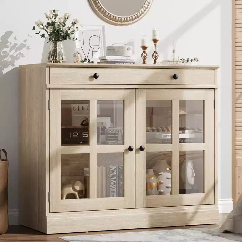 Sideboard Buffet Cabinet, Kitchen Storage Cabinet with 2 Glass Doors, Adjustable Shelf, Modern Coffee Bar for Kitchen Dining Room Bathroom Entryway