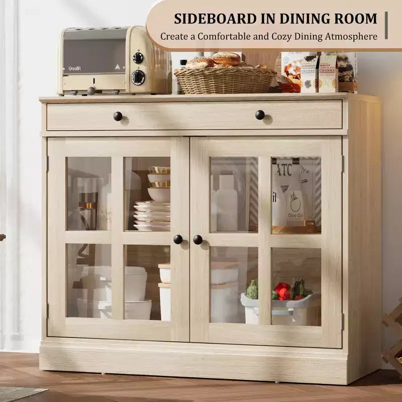 Buffet de salle à manger, meuble de rangement de cuisine avec 2 portes vitrées, étagère réglable, bar à café moderne pour cuisine, salle à manger, salle de bain, entrée