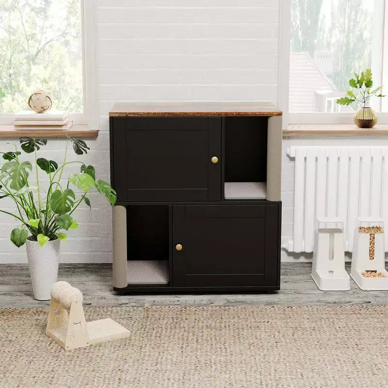 Double litière pour 2 chats, meuble double dissimulé, tapis de marquage et poteau en sisal, table d'appoint moderne anti-chiens, grande maison pour chat de rangement