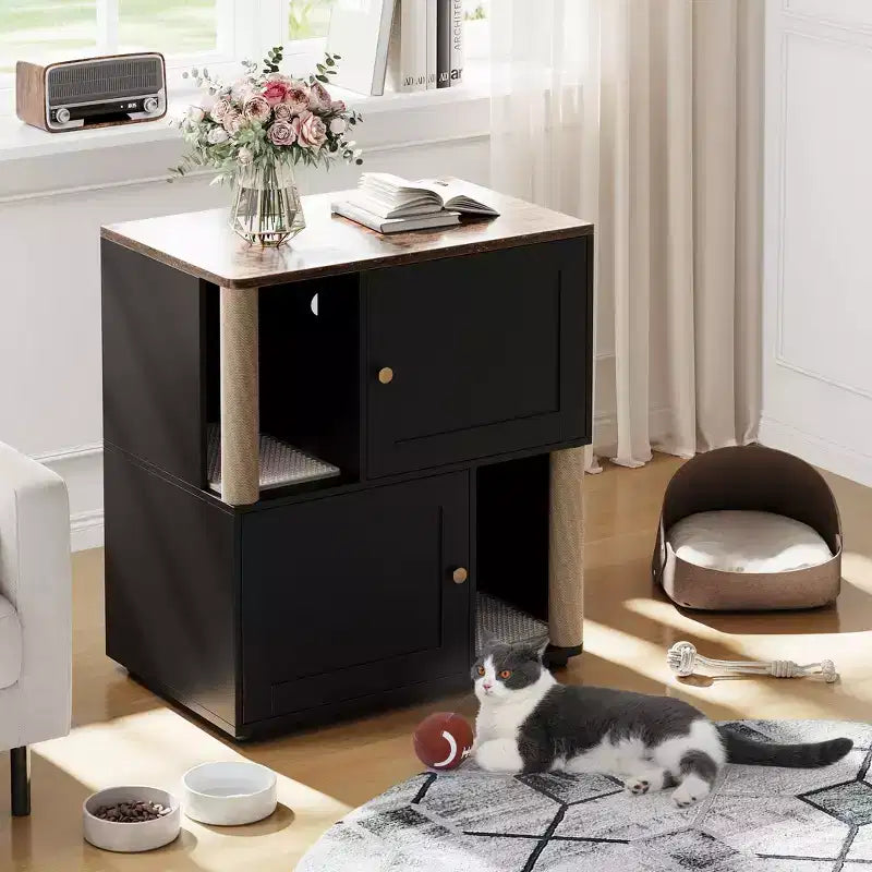 Double litière pour 2 chats, meuble double dissimulé, tapis de marquage et poteau en sisal, table d'appoint moderne anti-chiens, grande maison pour chat de rangement