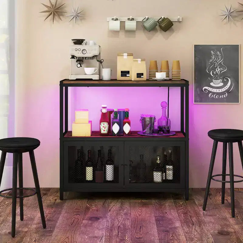 Meuble bar à café Costway avec lumières LED, buffet industriel avec station de charge