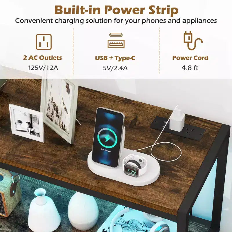 Meuble bar à café Costway avec lumières LED, buffet industriel avec station de charge