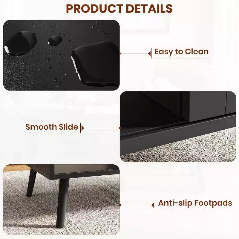 Table basse bohème en bois avec portes coulissantes en rotin et étagère de rangement, table centrale de style Mid-Century avec compartiments cachés pour salon et chambre