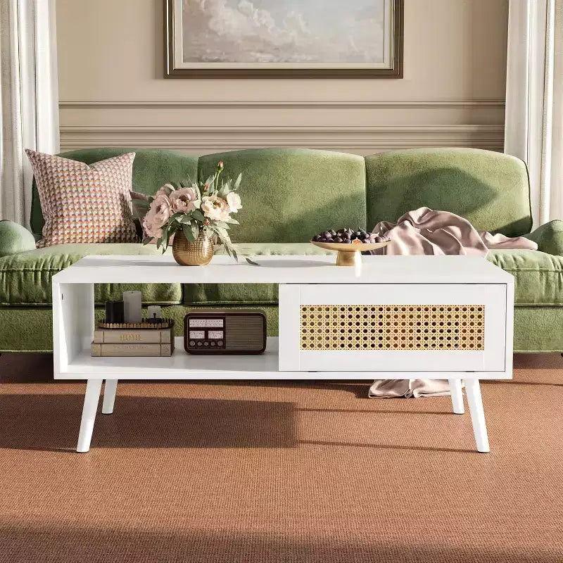 Table basse bohème en bois avec portes coulissantes en rotin et étagère de rangement, table centrale de style Mid-Century avec compartiments cachés pour salon et chambre
