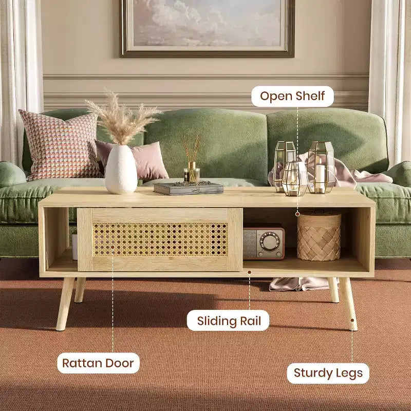 Table basse bohème en bois avec portes coulissantes en rotin et étagère de rangement, table centrale de style Mid-Century avec compartiments cachés pour salon et chambre