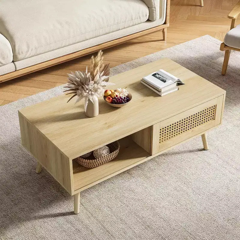 Table basse bohème en bois avec portes coulissantes en rotin et étagère de rangement, table centrale de style Mid-Century avec compartiments cachés pour salon et chambre