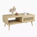 Boho Wood Coffee Table with Sliding Rattan Doors and Storage Shelf, Mid Century Center Table with Hidden Compartments for Living Room Bedroom